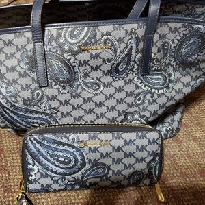 Michael Kors blue paisley tote with matching wallet